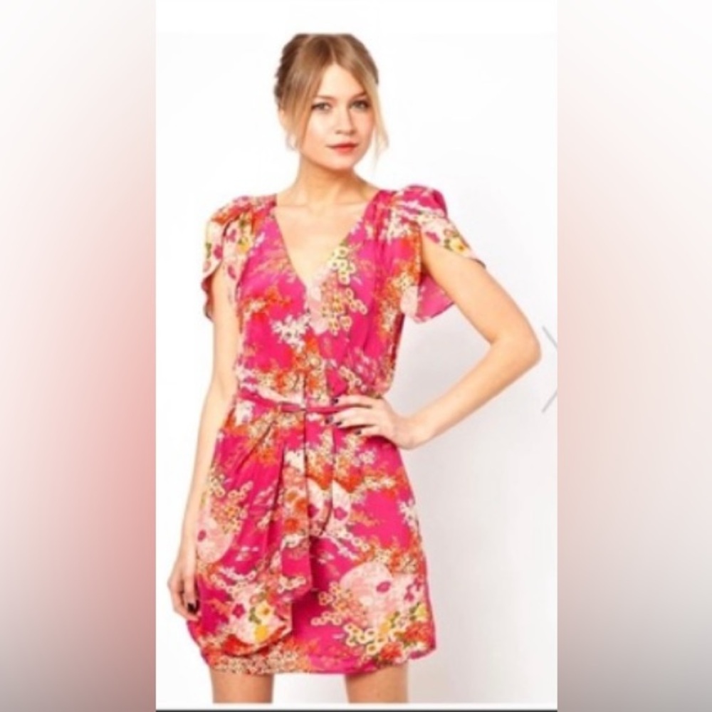 oasis 100% silk pink floral wrap dress